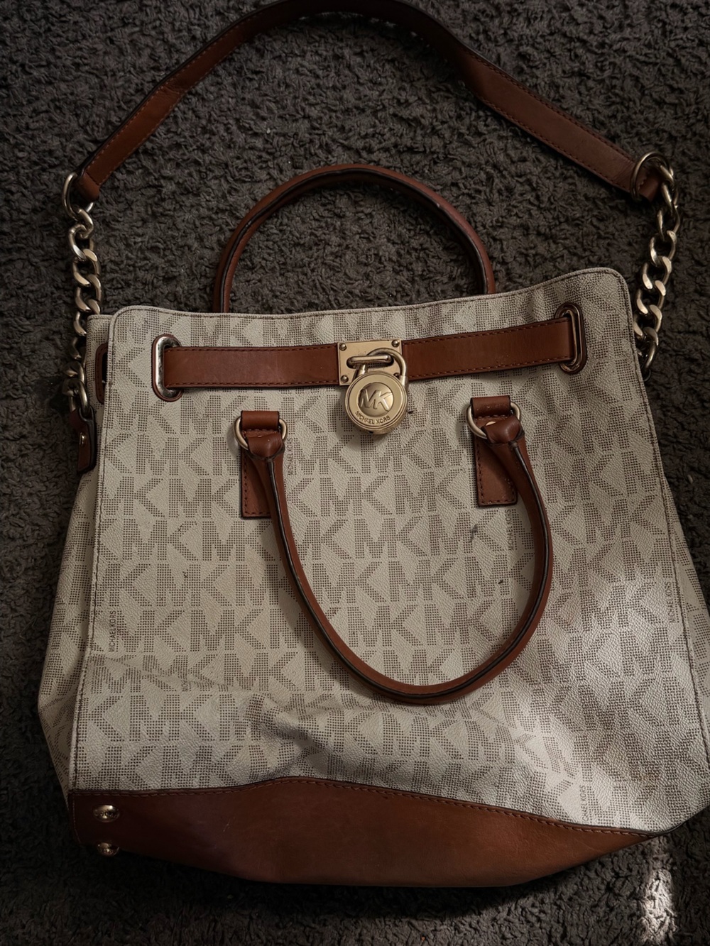 Michael Kors Vanilla and Brown MK Logo Tote with Gold Hardware